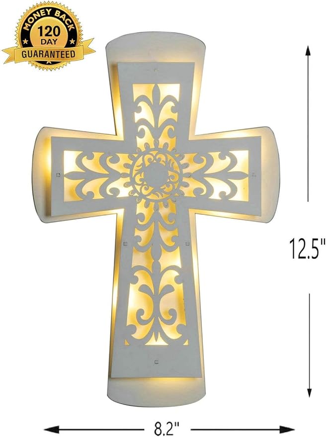 ADAVAS.Y&G Lighted Wall Cross with Fleur-de-lis cutout Design, White Wooden Cross for Wall Battery Operated 12" H