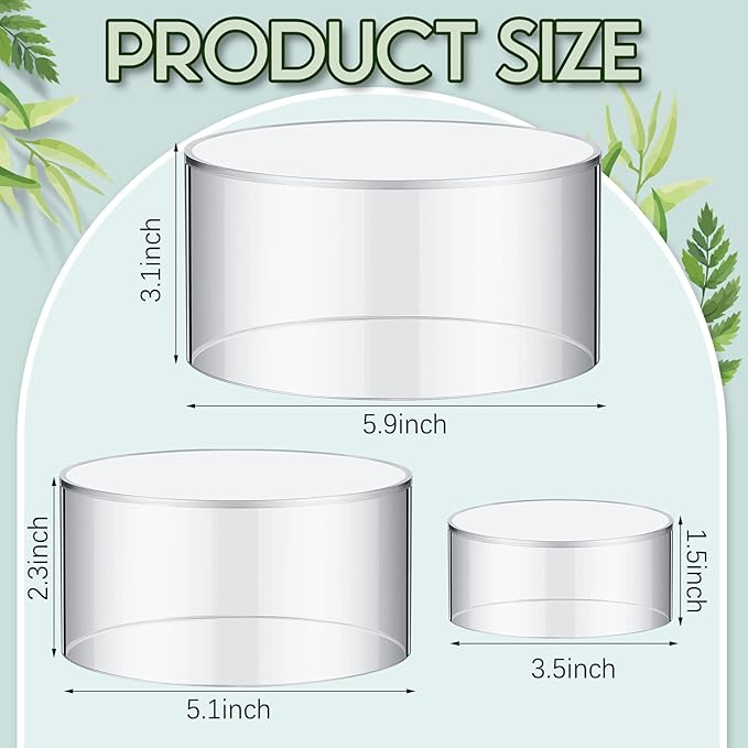 Jerify 6 Pcs Acrylic Risers Display Stands, 5.91'' 5.12'' 3.54'', Clear Round Nesting Pedestal Shelf with Hollow Bottom for Tabletop Jewelry Display, 3 Sized