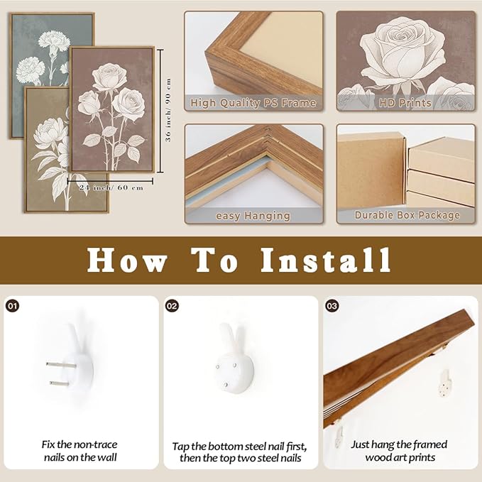 BINCUE Extra Large Neutral Botanical Wall Art Floral Painting Flower Print Flower Artwork Floral Wall Decor Flowers Wall Pictures for Living Room Bedroom Bathroom Dining Room Farmhouse 24x36 Inches 3 Piece Gift