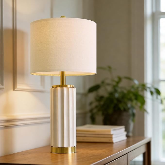 USumkky 25.75" Off-White Ceramic Table Lamp Set of 2, Mid Century Modern Bedside Nightstand Lamps for Bedroom Living Room, Linen Shade & Gold Metal Base, Rotary Switch E26 (Bulbs Excluded)