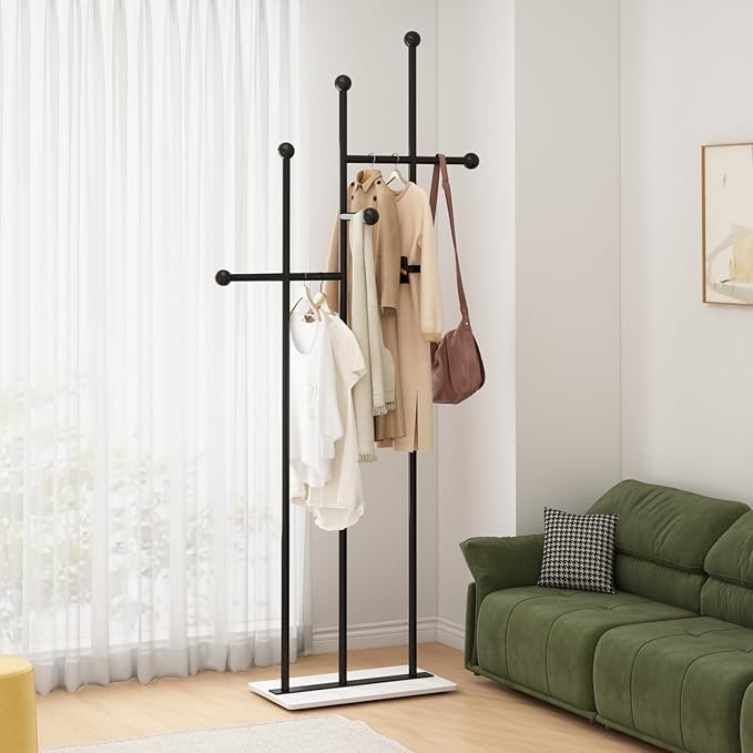 Modern Coat Racks with Marble Base Heavy Duty Clothes Rack Metal Coat Tree for Clothes Hats Scarfs Totes-19.7''L, BLACK