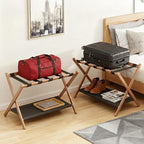 2 Pack Bamboo Luggage Rack for Guest Room, 26.77" Folding Wide Suitcase Stand with Fabric Storage Shelf, Thickened Luggage Stand Holder for Bedroom Hotel, Luggage Rack for Suitcases (2 Pack - Tea brown)