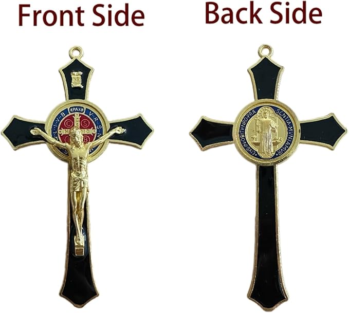 Bovemee Saint Benedict Benedictine Red Enamel 4.7X2.7 Inch Protection Wall Crucifix Cross Catholic San Benito Medalla Prayer Decoration (Black)