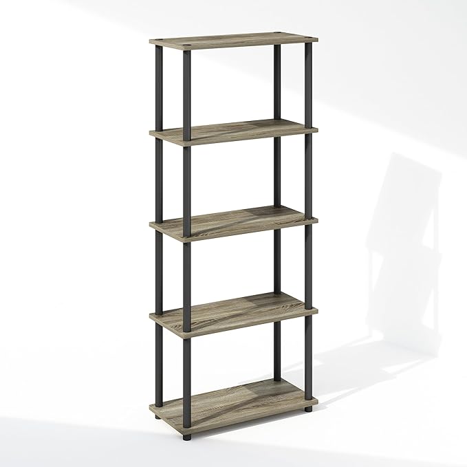 Furinno Turn-N-Tube Book Shelf, 5-Tier Bookshelf, Bookcase with Multipurpose Compact Display Rack, 11.6 x 23.6 x 57.4, for Living Room, Bedroom, Home Office, French Oak/Black