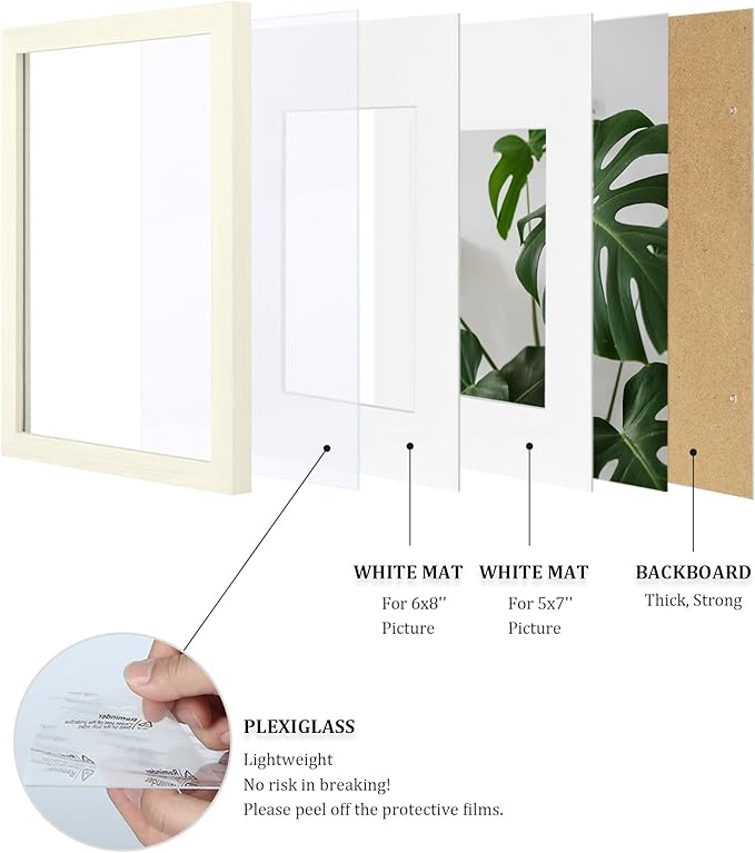 Egofine 8x12 Picture Frames Set of 4, Made of Solid Wood Covered by Plexiglass 5x7 and 6x8 with Mat or 8x12 without Mat, for Table Top Display and Wall Mounting Photo Frame Beige