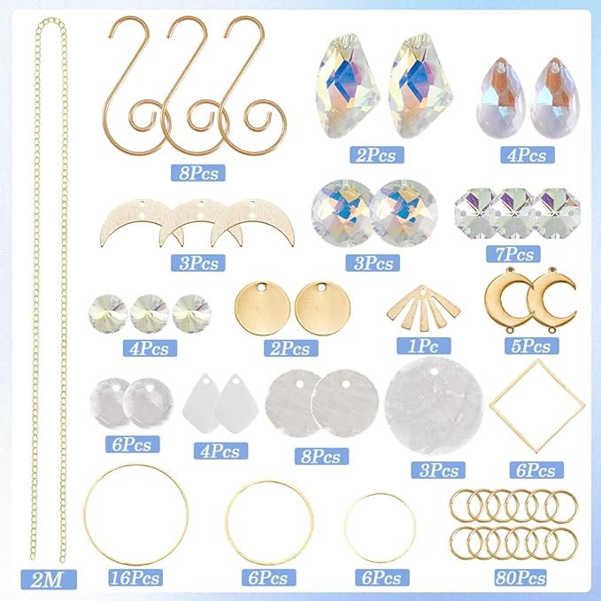 SUNNYCLUE 1 Box DIY 8 Sets Suncatcher DIY Kits Rainbow Maker Suncatcher Hanging Gold Moon Summer Capiz Shell Colorful Glass Crystal Rainbow Maker Sun Catchers for Window Indoor Outdoor Door Decors