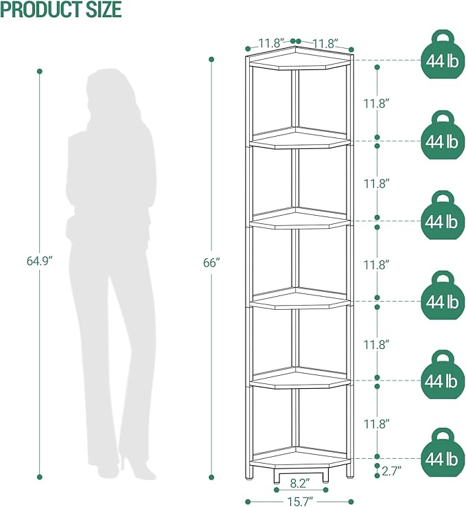 Hzuaneri Corner Shelf Stand, Corner Bookshelf, Storage Standing Shelf Unit with Metal Frame, Plant Stand, Bookcase for Living Room, Home Office, Bedroom, 6-Tier White Gold CS06003A