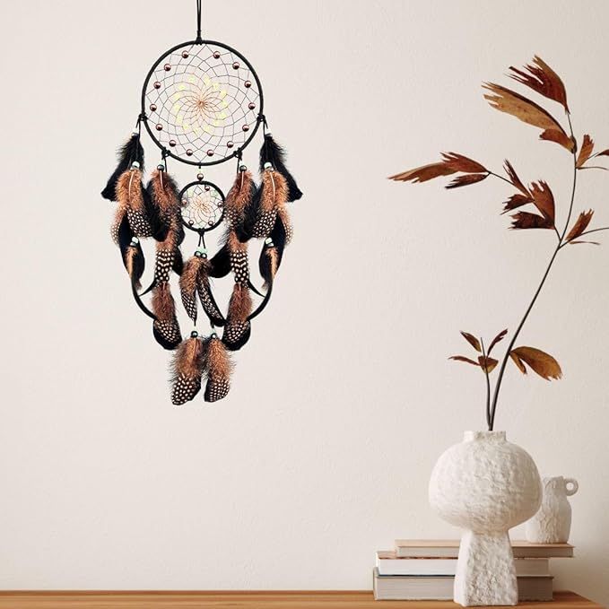Dream Catchers with Luminous Beads Dream Catchers for Adults Handmade Native American Hanging Wall Decor Ornament for Bedroom Brown