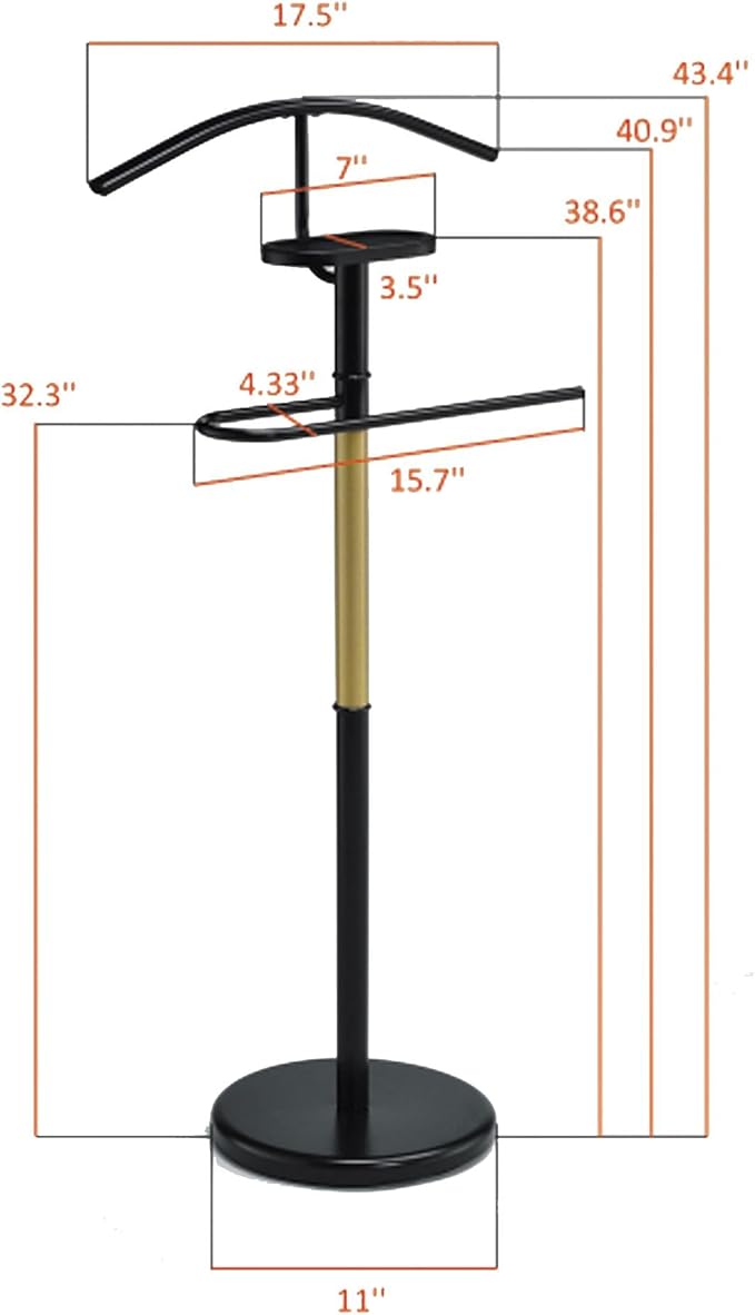 Kings Brand Furniture Luca Valet Stand – Metal Freestanding Suit Rack and Clothes Organizer with Clothing Bar, Trouser/Tie Holder & Accessory Tray, Modern Design for Bedroom, Closet (Black/Gold)