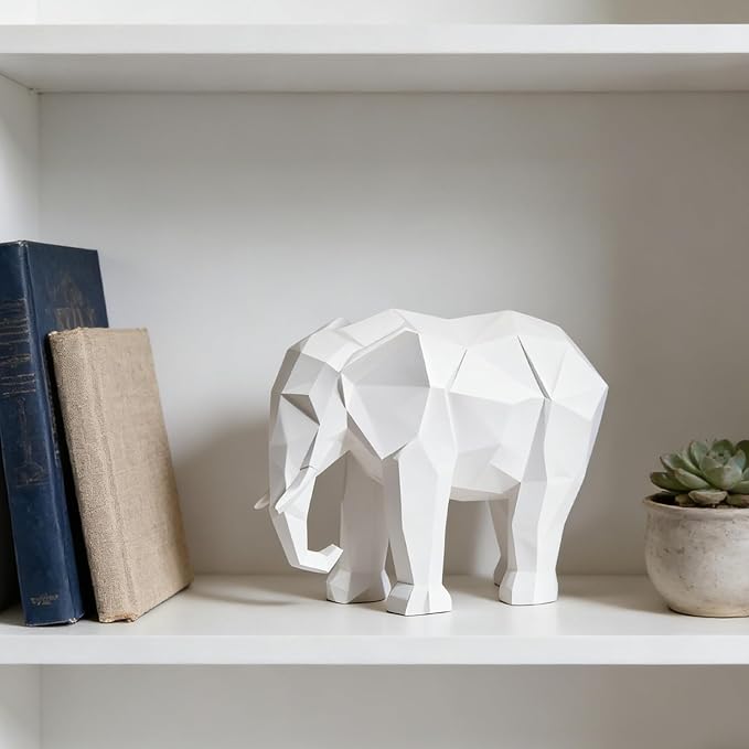 Cynkeyee Elephant Decorations Figurine Statue - Modern Elefantes para Decoracion Casa, Resin Origami White Elephant Gift Minimalist Tabletop Decor Centrepiece Accent Knick Knacks 6x2.25 x4.5 Inch