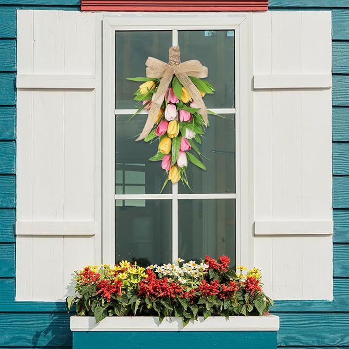 2 Pcs Artificial Tulips Teardrop Swag for Front Door,18 in Spring Floral Swags Wreath with Colorful Tulips,Green Leaves and Burlap Bows,Spring Summer Teardrop Wreath,Wedding Decorative Swag