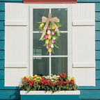 2 Pcs Artificial Tulips Teardrop Swag for Front Door,18 in Spring Floral Swags Wreath with Colorful Tulips,Green Leaves and Burlap Bows,Spring Summer Teardrop Wreath,Wedding Decorative Swag