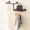 Industrial Pipe Clothing Rack with Floating Shelves, 2 Hanging Rods Wall Mounted Garment Rack, Heavy Duty Iron Clothes Bar, Space-Saving Clothing Hanging Rails for Closet (2 hanging rods 1 shelf)