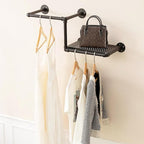 Industrial Pipe Clothing Rack with Floating Shelves, 2 Hanging Rods Wall Mounted Garment Rack, Heavy Duty Iron Clothes Bar, Space-Saving Clothing Hanging Rails for Closet (2 hanging rods 1 shelf)
