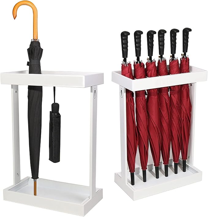 1 Piece Umbrella Stand Rectangular,White-Black,Metal Umbrella Stand,stored 12-21 Umbrellas,with Water Catcher Hook,Umbrella Stand,for Hotel Lobby