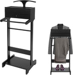 Clothing Valet Stand, Wood Suit Rack with Drawer & Compartment, Freestanding Valet Stand for Women and Man, 17"x12"x44" Suit Stand for Home Hotel Office (Black)