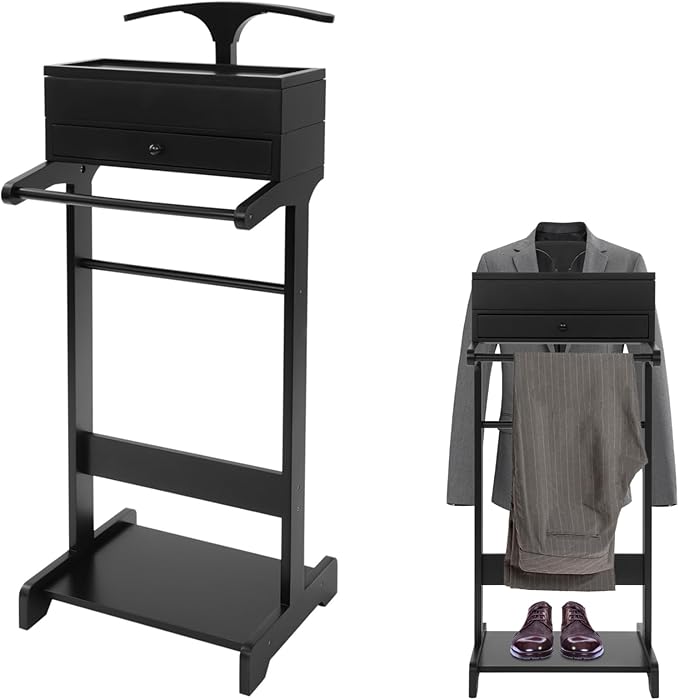 Clothing Valet Stand, Wood Suit Rack with Drawer & Compartment, Freestanding Valet Stand for Women and Man, 17"x12"x44" Suit Stand for Home Hotel Office (Black)
