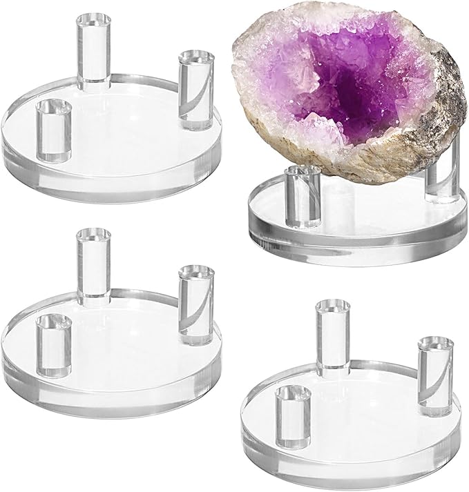 Hipiwe Acrylic Display Easel Rock Display Stand Three-Peg Display Easel Stands for Mineral Crystal Geodes Coral Fossil Small Collectibles Display Stands with Round Base,Small,4 Pack