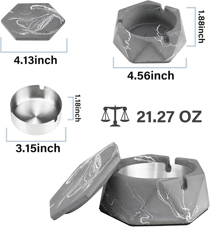 FREELOVE Concrete Ashtray with Lid & Stainless Steel Ashtrays for Cigarettes, Cement Ash Tray Smoking Holder Indoor Smokeless Outdoor Windproof Patio Home Office Cool Decor(Grey-White, Small)