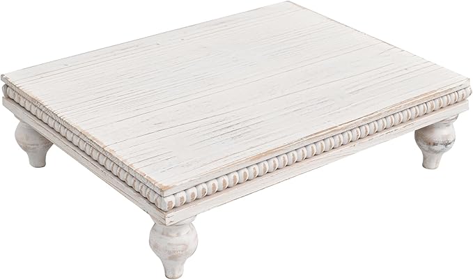 SwallowLiving Farmhouse Wood Riser for Display Decorative, Rustic Shabby Chic Tray for Kitchen Counter, Coffee Bar Table, Dining Room, Wooden Rectangle Beaded Pedestal Stand for Food, White