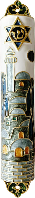 Hand Painted Mezuzah, 9.5 Inches Exquisite Enamel Mezuzah with Star of David and Jerusalem Motifs