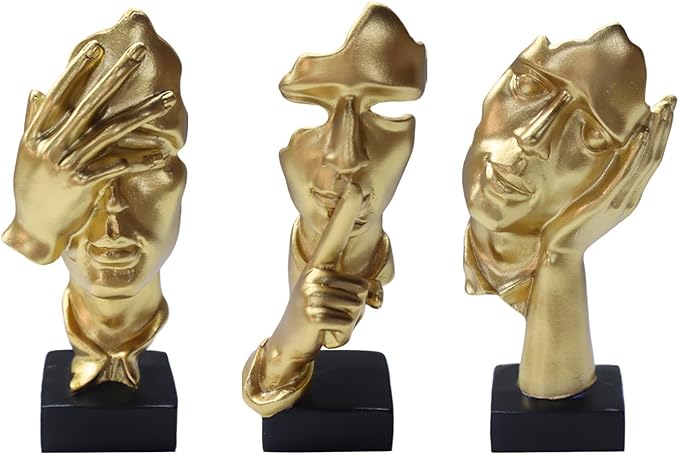 aboxoo 3 Pcs Thinker Statue, Silence is Gold Abstract Art Figurine, See No Evil Hear No Evil Speak No Evil Statues, Modern Resin Sculptures Decor for Living Room, Home, Office Study (Gold)