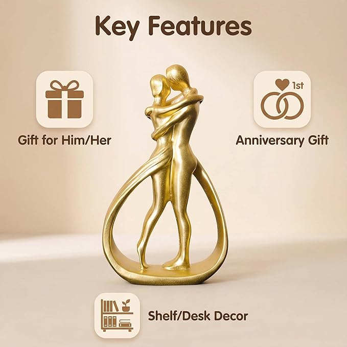Nordic Love Couple Statue Valentine's Day 5.2 Inch Resin Golden Love Statue Romantic Elegant Figurine Couple Sculpture Home Shelf Livingroom Decor Gifts