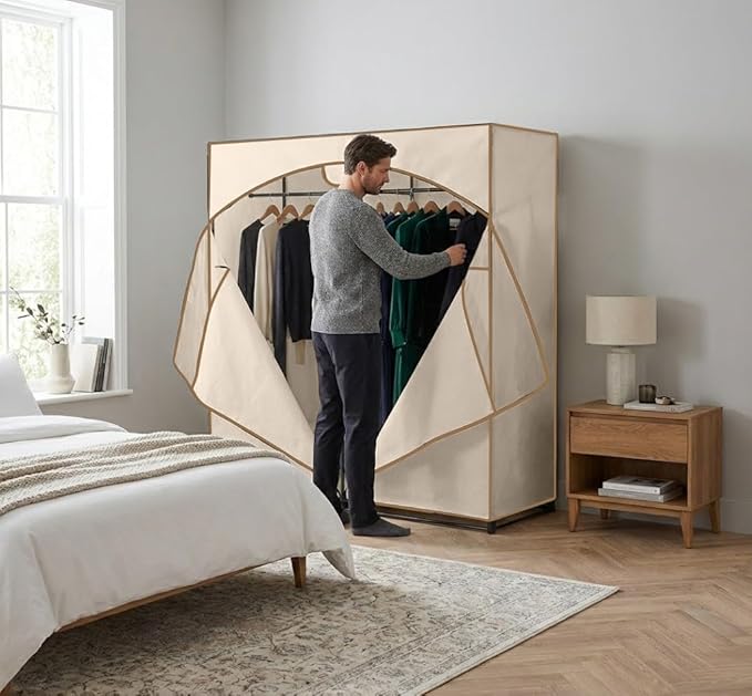 HOLDN’ STORAGE Portable Wardrobe Closet - 65 lb Large Capacity, Internal Heavy Duty Metal Rod, Zipper & Clear Window, Durable Clothes Organizer, Tool-Free Easy Assembly, Beige Canvas Cover