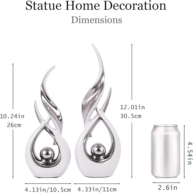 2 PCS White Silver Ceramic Statues For Home Decor Accents, Modern Abstract Art Sculptures, Elegant Tabletop Decorative Objects For Dining Room, Entryway, Tv Stand, Mantel, Coffee Table Centerpieces