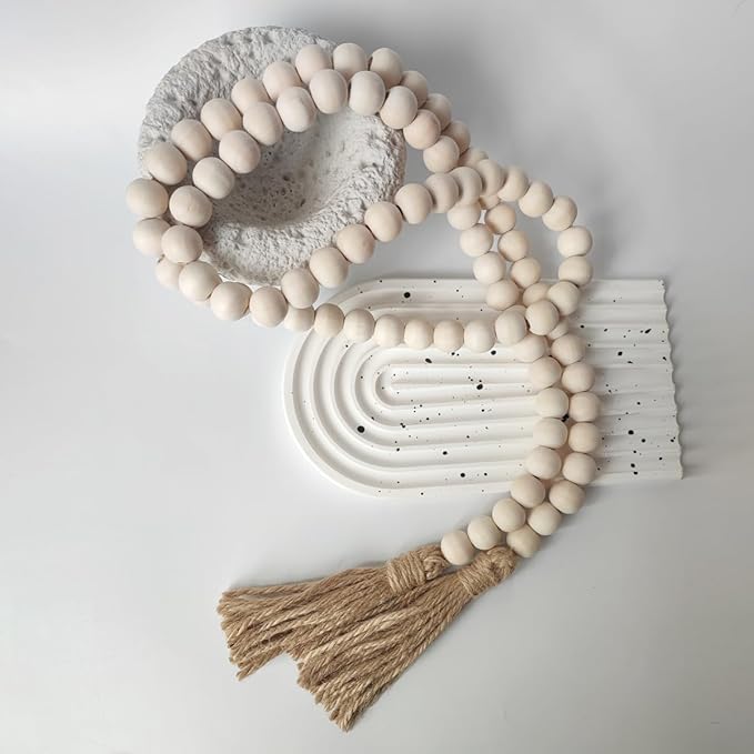 Boho Decor Wood Beads Garland Farmhouse Wall Hanging Decorations Natural Wooden Bead Tassel Decorative for Coffee Table Christmas and Prayer (Nature, 58")