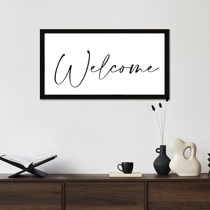 Rustic Chic Style 12x22in Farmhouse Wood Sign with Encouragement Quote Welcome Family Lettering Black Frame Wooden Plaque for Washroom Farmhouse Porch Cottage Wall Decor Birthday Housewarming Gift