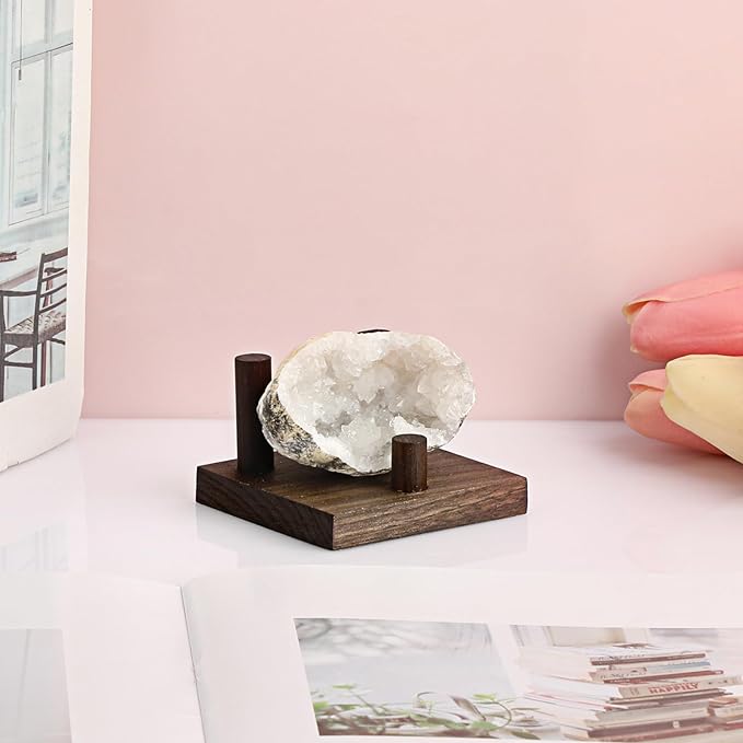 Hipiwe Rock Display Stand Three Peg Easel Holder with Square Base Walnut Display Stand for Geodes Mineral Agate Collectibles, 3.3" L x 3.3" W x 2.1" H