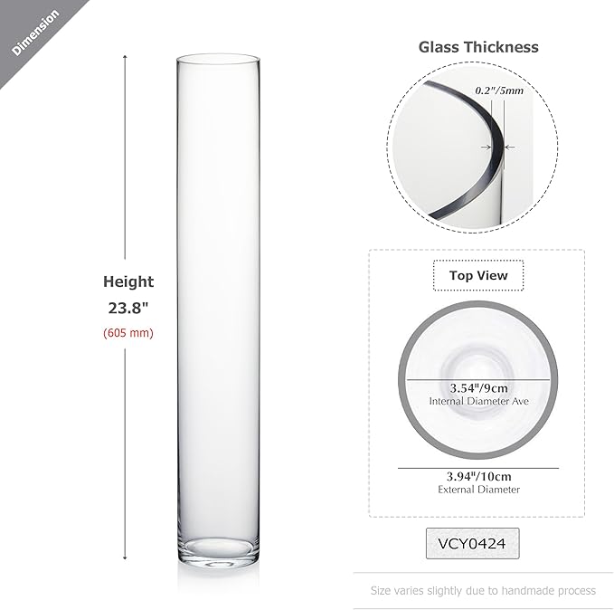 WGVI Quality Thick Weighted Tall Clear Cylinder Glass Vases, 4" W x 24" H, Flower Arrangement Floating Candle Holders Wedding Centerpieces Event Floral Tabletop Display Décor, Bulk Wholesale, 6 Pcs