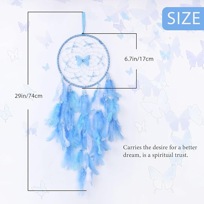 Pretty Jolly Dreamy Girls Butterfly Dream Catcher Wall Decor Fairy Blue Feather Baby Dreamcatcher Handmade Home Décor Wall Hanging for Nursery Bedroom Girls Birthday Gift