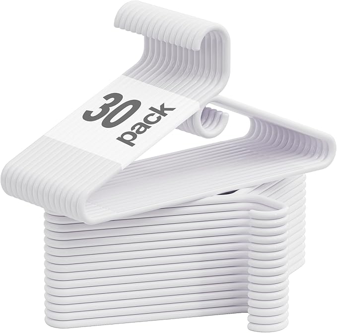 White Plastic Hangers 30 Pack, Heavy Duty Clothes Hangers for Standard Size Hangers with Center Hook & Non-Slip Pants Bar for Shirts, Pants, Coat, Dresses, Jackets, Scarves and Belts