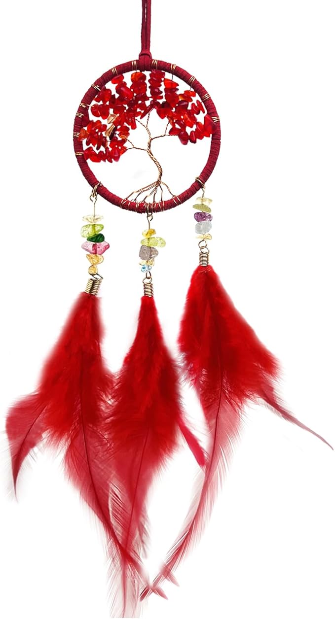 Red Mini Dream Catcher for Car, Handmade Tree of Life with Feathers Small Dreamcatcher Wall Hanging Ornament Bedroom Room Decor Festival Gift
