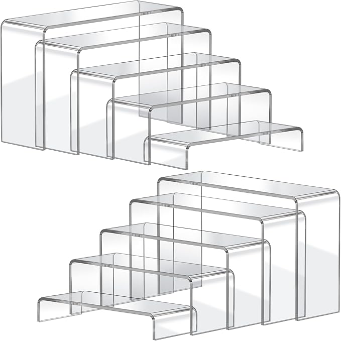 FUNFERY Acrylic Display Risers, 2 Set(7.8" L~8.2" L~8.6" L~9”L~9.3”L) Display Shelf for Figure, Collectibles, Cupcake, 5-Tier Clear Acrylic Stands for Dessert, Jewelry, Candy Showcase