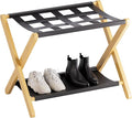 HITNET Luggage Rack, Folding Suitcase Stand for Guest Room, Bamboo Luggage Holder with Storage Shelf for Hotel Bedroom, Natural