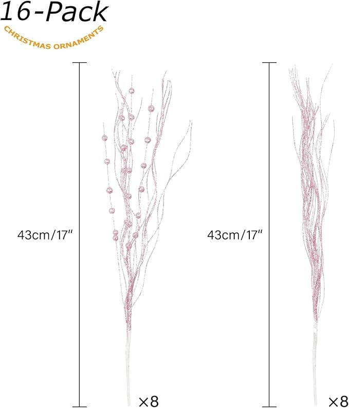 SLK 16-Pack Artificial Glitter Berry Stem Ornaments, Christmas Decorative Glittery Twigs, Picks, Branches for Tree, Wreath, Small Vase, Halloween Party (Pink)