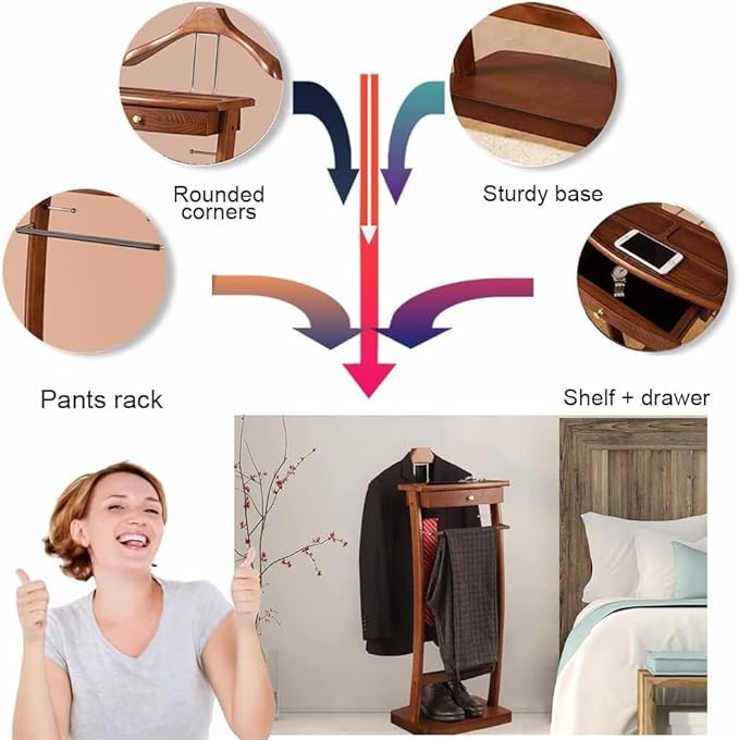 Suit Valet Stand with Tray, Wood Valet Stand for Men, Floor Standing Clothes Valet Stand, Valet Stand for Office Living Room Bed Room 44.4X30X112.2CM (Black)