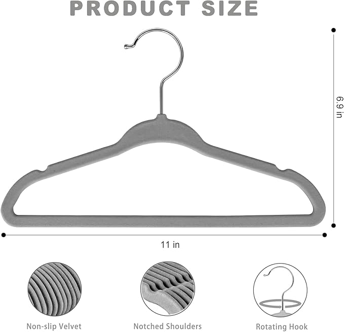 BAGAIL 50 Pack Kids Velvet Hangers 11 Inches Children's Clothes Hangers Non-Slip Baby Hangers for Infant/Toddler (Grey)