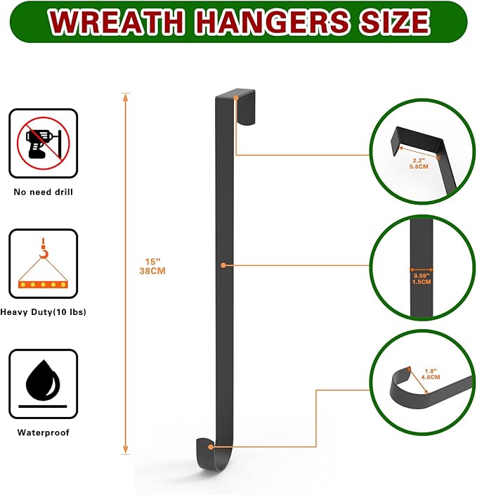15" Wreath Hanger,Christmas Decorations, for Front Door, Indoor or Outdoor Over The Door Wreath Hook Hanger for Easter Spring Halloween Xmas Wreath Decorations, Steel Material, 20lb Load Bearing