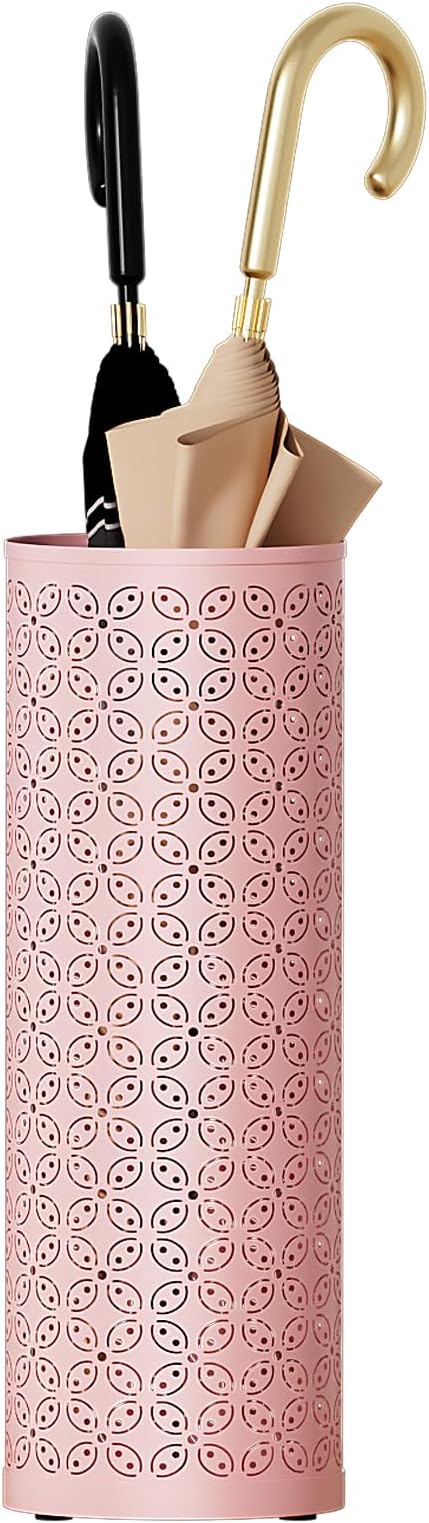 Metal Round Umbrella Stand,Free Standing Umbrella Holder Bin, Canes Walking Sticks Holder for Entryway, Home, Office,Pink
