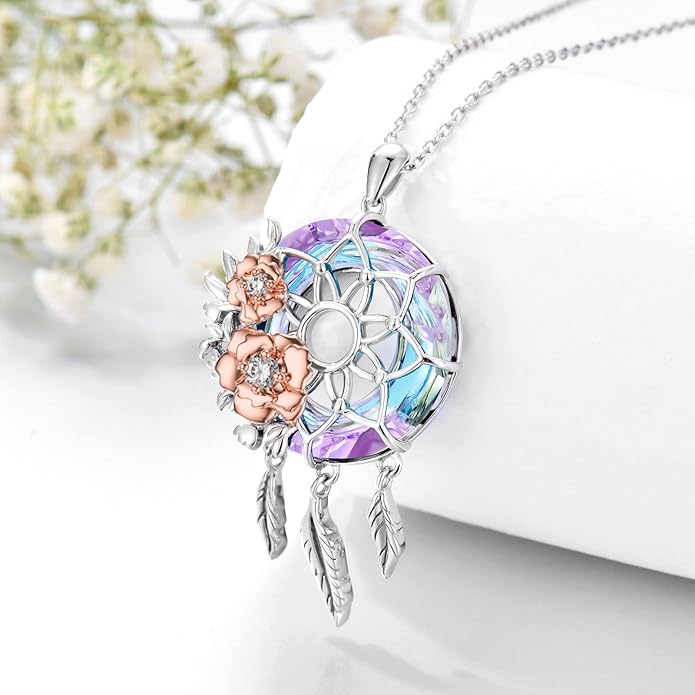 Dream Catcher Pendant Necklace 925 Sterling Silver Synthetic Moonstone Crystal Sunflower Rose Flower Evil Eye Dreamcatcher Cremation Jewelry Gifts for Women Wife Mom