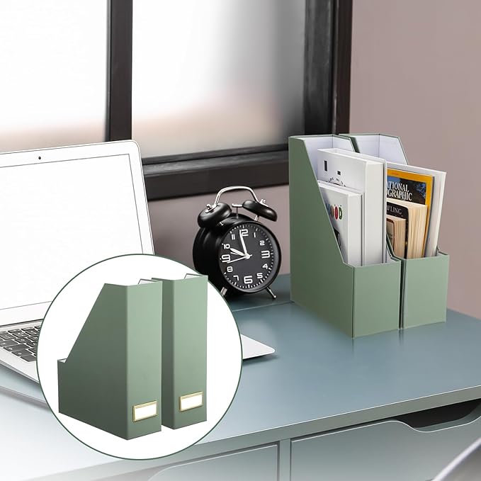 Feifeiya Magazine File Holder Set of 6 Stylish Sturdy Cardboard File Boxes Desk Organizer Beautiful Magazine Holder Rack with Gold Label Holder for Home Office Desktop Bookshelf Classroom(Sage Green)
