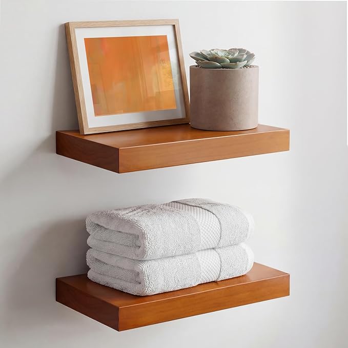 Homeforia 12 inch Oak Floating Shelf, High End Solid Real Wood 12inch Small Floating Shelves for Wall Mounted, Honey Oak Wooden 12in Floating Shelves, Heavy Duty Bracket, 12 X 6.5 X 1.75 in, Set of 4