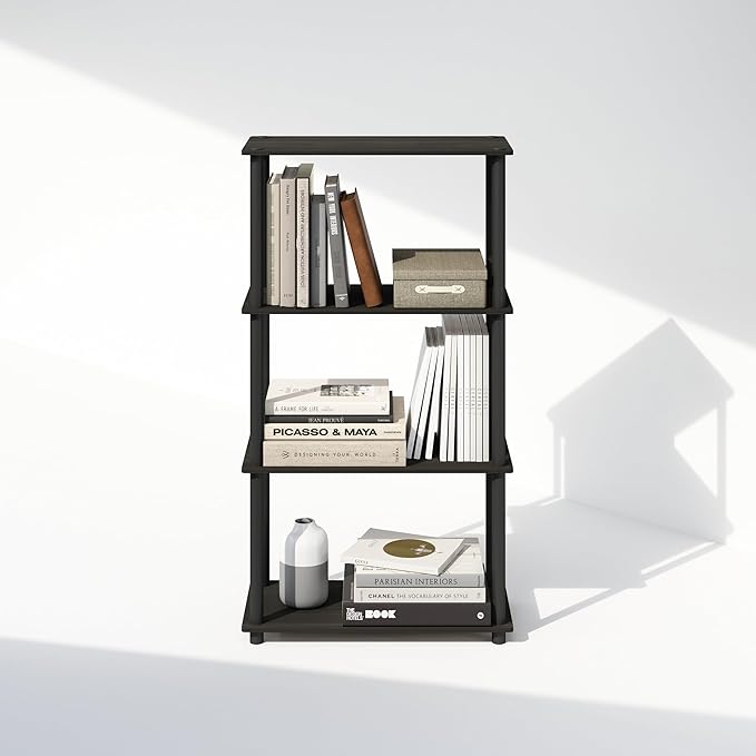 Furinno Turn-N-Tube Book Shelf, 4-Tier Bookshelf, Bookcase with Multipurpose Compact Display Rack, 11.6 x 23.6 x 43.2, for Living Room, Bedroom, Home Office, Espresso/Black