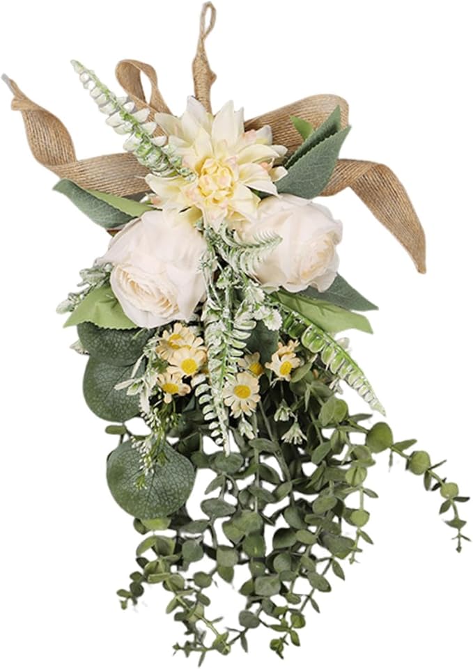 Artificial Floral Wreath Teardrop Swag Silk Flower Hanging Garland Decorative Ornament Versatile for Entryway Wedding Party Home Decoration Sui, Champagne Color