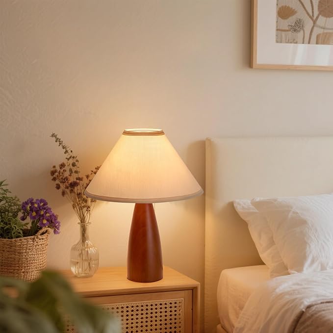 Bedside Table Lamp for Bedroom, Mid-Century Modern Plug in Fabric Shade & Solid Wood Base Desk Lamp, Plug & Play Red Wood Nightstand Lamp for Living Room 【Bulb Included】
