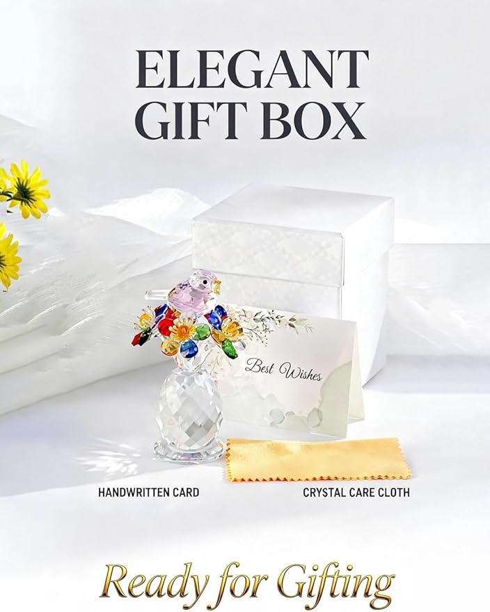 Crystal Figurines with Bird & Forget-Me-Not, 4.7 Inch K9 Crystal Keepsake & Paperweight, Romantic Home Decor Table Centerpiece for Mother Wife Sister (Colorful)